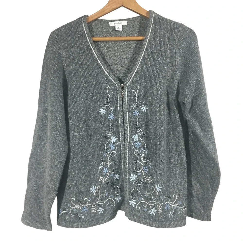 Dressbarn Gray Beaded Embroidered Zip Up Cardigan Sweater Size‎ M Angora Silk